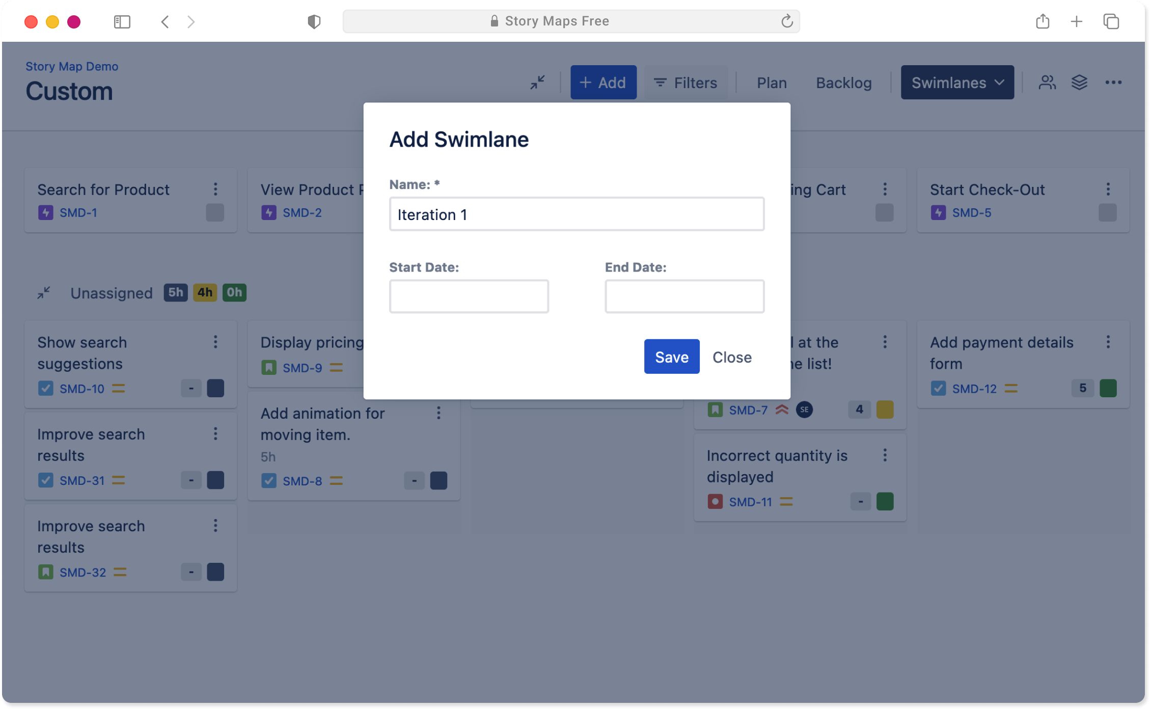 Custom swimlane planning in Story Maps for Jira